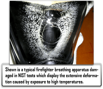 NIST Facemask Test Image - Shows the degree of deformation after intense heat exposure; that it is extremely warped and full of air pockets that would limit visibility to nearly nil